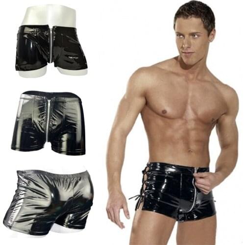 Mens Sexy Underpants PU Boxers Faux Leather Sexy Safety Zipper Patent Leather Mens Boxer Shorts Performance Pants