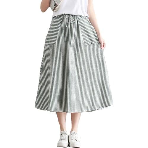 Skirts Womens Summer Saia Women Midi Skirt with Pockets Japan Mori Girl Stripe Cotton and Linen Vintage Long Skirts Blue,Green