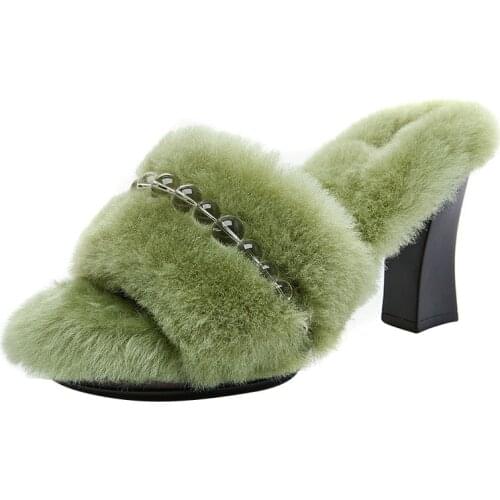 Womens Real Lambswool Fur Furry High Heel Warm Winter Mules Slipper Plush Slides Shoes Thick 6Colors New 2022