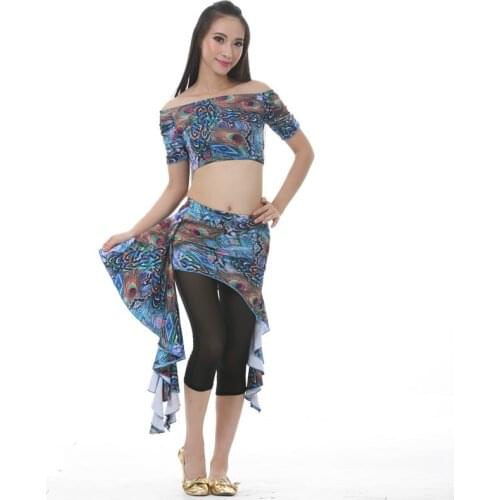 Sexy women belly dance top clothes hip scarf pants off shoulder peacock belly dance costume