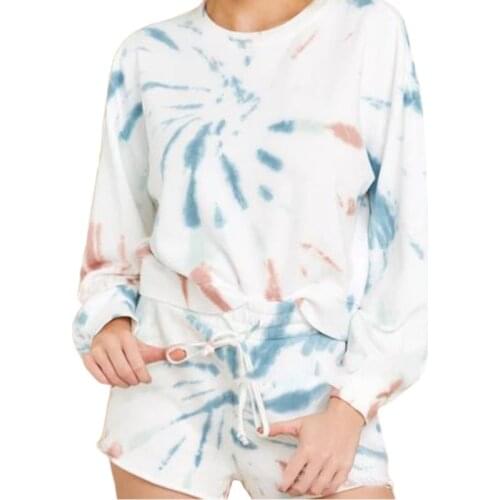 Women Fireworks Tie-Dye Outfit Long Sleeve Pullover Tops Shorts Lounge Tracksuit F42F
