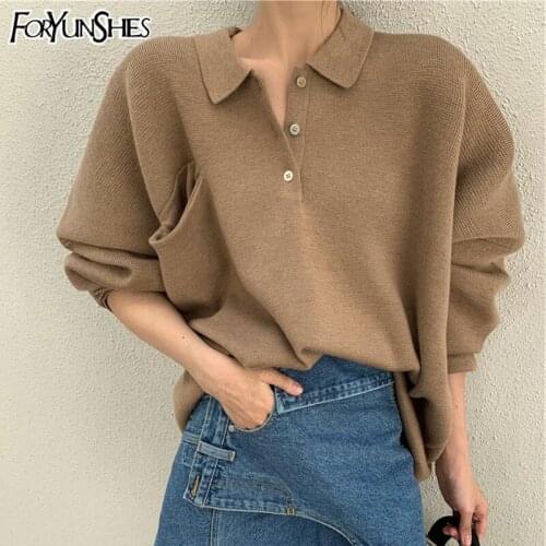 Woman Sweaters Khaki Oversized Pullover 2021 Fashion Korean Style Lapel Knitwear Top Femme Comfort Casual Loose Simple Sweater