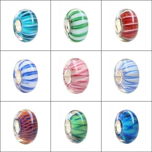 925 Sterling Silver Large Hole Colorful 3D Stripe Murano Glass Charm Beads Fit European Bracelet Jewelry
