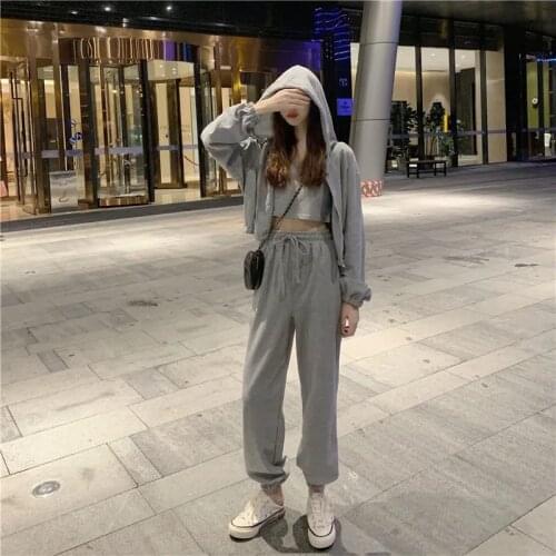 Solid Hooded Three Piece Sets Casual Short 3 PCS Sweaters New Arrivals Women Fashion Training Suits 2021 Autumn Sports Suit