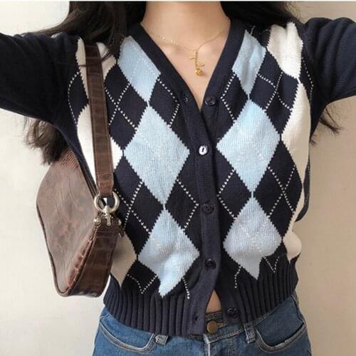 2021 Fall Winter Women Sweater Vintage V-Neck Plaid Long Sleeve Pullovers England Style Knitted Cardigan Sweaters New Womes Tops