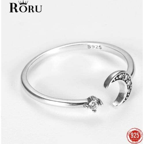 Real 925 Silver Ring Finger Moon & Star CZ Cocktail Adjustable Free Size Fine Vintage Gift Jewelry for Female Women 2021 New