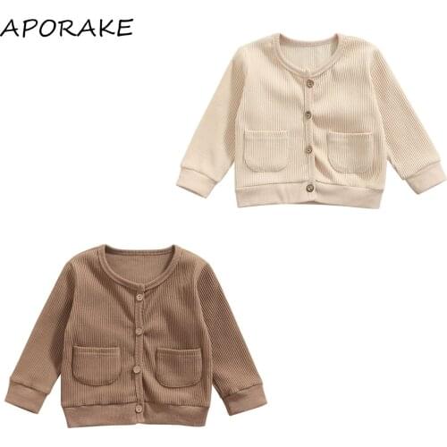 2021 0-3Y Spring Fall Toddler Baby Coats Boys Girls Solid Color Button Fly Pockets Round Neck Long Sleeve Cardigan Top Outwear