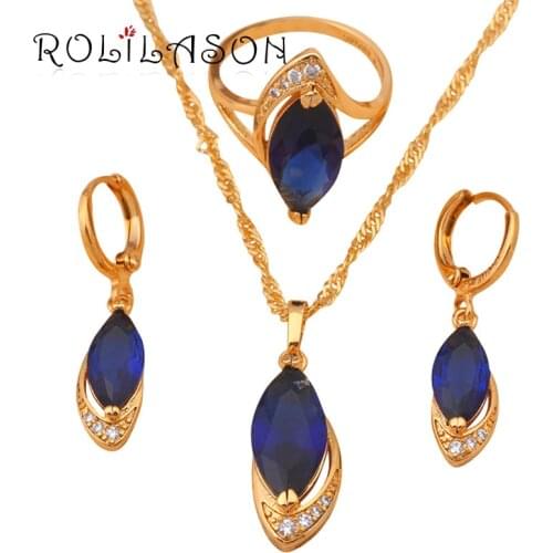 ROLILASON 10.52g Blue Zircon crystal Gold Tone Element Jewelry Sets Earring Necklace Ring sets Sz #9 #7 #8 JS513