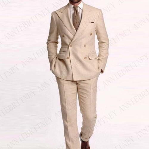 ANNIEBRITNEY 2019 Beige Linen Men Suits Set Tuxedo Slim Fit Summer Beach Wedding Blazer Custom made Double Breasted Suit for Men