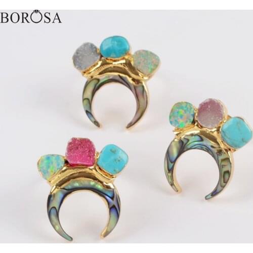 BOROSA Bohemian 5PCS Natural Abalone Shell & Rainbow Agates Druzy & Turquoises Rings Gild Handmade Women Rings Jewelry G1839