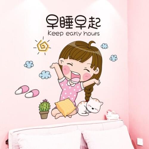 Long Hair Lovely Girl Wall Stickers DIY Cartoon Cat Mural Decals for Kids Rooms Baby Bedroom Nursery Decoration