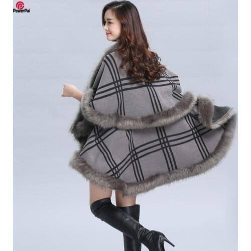 Double Layer Plaid Luxury Faux Fox Fur Cape Coat Autumn Winter Women Knit Cashmere Shawl Cloak Fur Cardigan Long 9 Colors