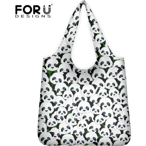 FORUDESIHNS Cute Panda/Rabbit Shopping Bag Canvas Shoulder Bag Eco Foldable Handbag Travel Grocery Bag Reusable Picnic Bag