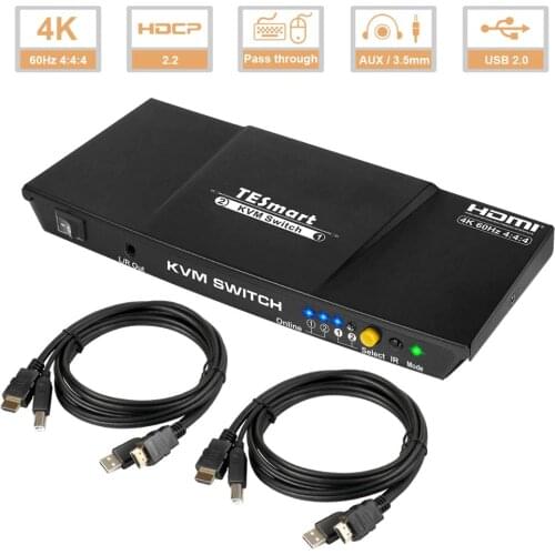 KVM Switch 2 Port 4K@60Hz Newest Ultra HD 2x1 with 2 Pcs 5ft KVM Cables Supports Keyboard & Mouse Pass Through USB