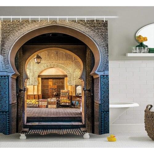 Moroccan Shower Curtain Typical Moroccan Door Old Medina Mediterranean Historical Arch Entrance Photo Bathroom Set Inches Blue