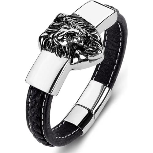 ZAER Mens Bracelet Punk Stainless Steel Personality Lion Creative Bracelet Mens Leather Braided Bracelet Custom Size Jewelry