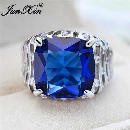 Male Female Big Geometric Stone Ring Silver Color Blue Crystal Wedding Bands Promise Engagement Rings For Women Men Jewelry