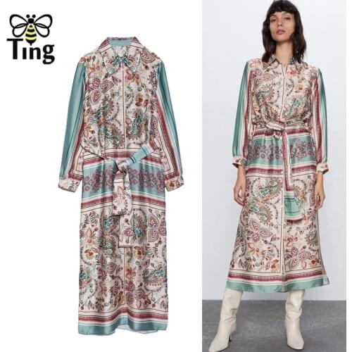 Tingfly 2021 Za Clothes Single Breast Vintage Floral Print Casual Loose Shirt Dress with Sashes Split Zevity Zaful Vestidos Robe