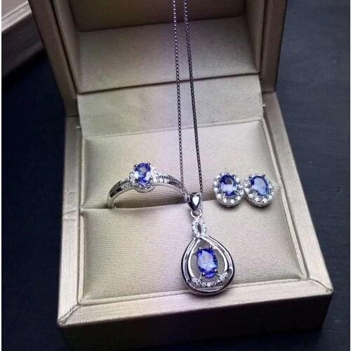 Real Natural Tanzanite jewelry set Natural Real Tanzanite 925 sterling silver 1pc pendant,1pc ring,2pcs Earring
