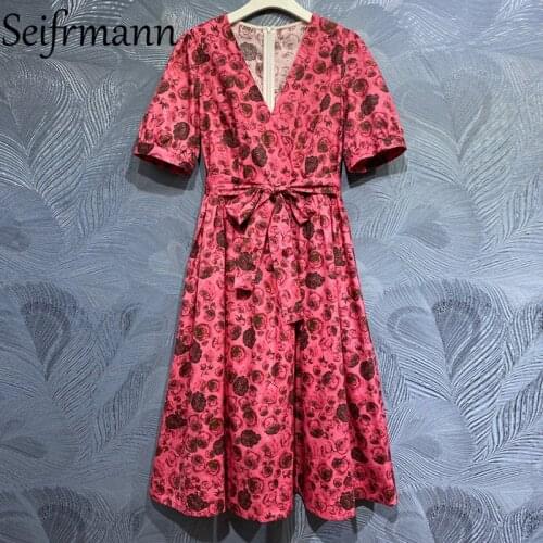 Seifrmann New 2021 Summer Women Fashion Designer Party Midi Dress Lantern Sleeve Bow Sashes Floral Print Elegant Ladies Dresses