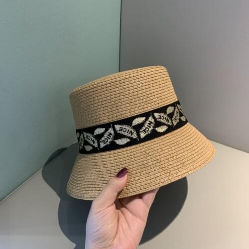 Bucket Hat for Women with Straw Band Summer Hat Visors INS Female Sun Hats Ladys Beach Hats Caps Fedoras Beige Black White 2021