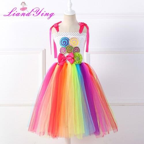 Sweet Rainbow Candy Tutu Dress for Girls Halloween Birthday Party Clothes Kids Flowers Bow Candy Costume