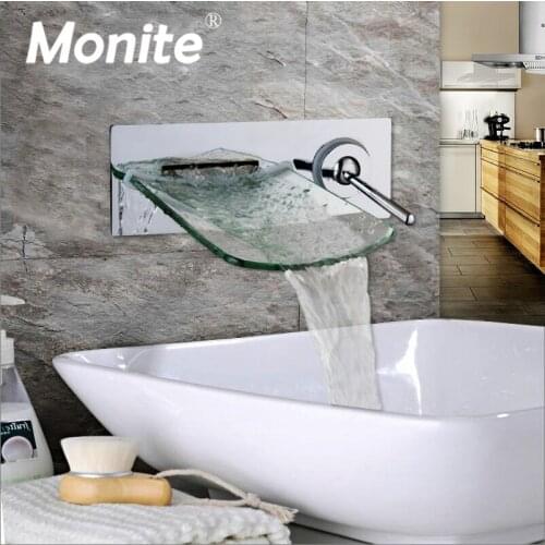 Monite Wall Mounted Waterfall Glass Spout Chrome Brass Bathroom Faucet Single Handle Hot And Cold Mixer Tap