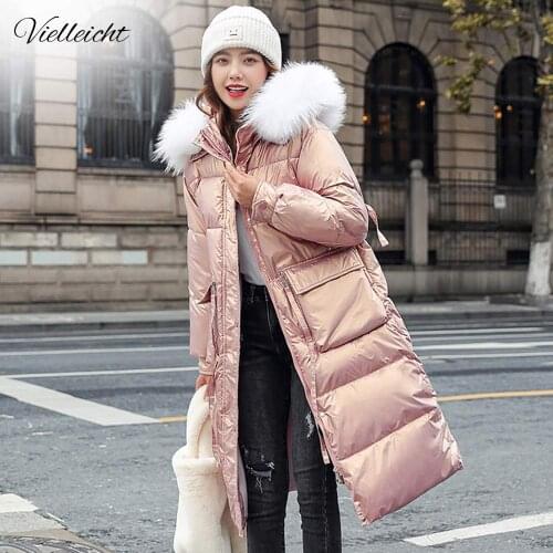 Vielleicht Winter Warm Glossy Parkas Women Fashion Fur Hooded Pockets Winter Coats Women Elegant Long Cotton Jackets Coat Female