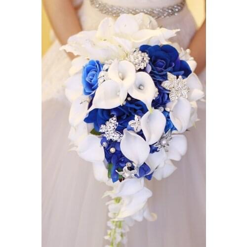 IFFO Royal Blue Bouquet, White Calla Lily Bridal Bouquet, Water Drops Waterfall Shape, Luxury Jewelry Bouquet Romantic Wedding