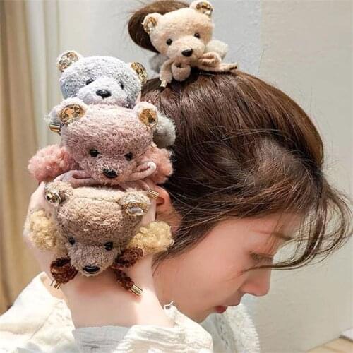 Crystal Furry Head Bear Bows Korean Elegant Hair Rope Clip Scrunchie Women Elastic Rubber Bands Accessories Girls Headdress Gift