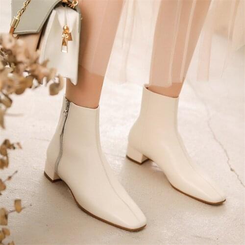 Leather Women Shoes Cowhide Square Toe Chunky Side Zipper Short Tube Chelsea Ladies Boots Retro Korean Style Low Heels