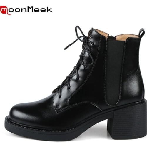 MoonMeek 2022 New Arrival Lace Up Women Winter Boots Hot Sale Popular Fashion Cowhide Boots Simple Casual Concise Modern Shoes