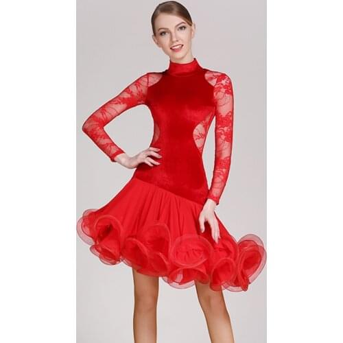 Lace Latin Dance Costume See Through Dress Women Latina Stage Competition Dance Wear Evening Dresses American Clothing JL1120