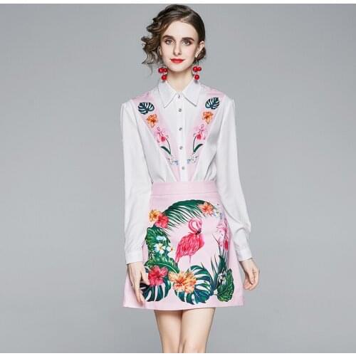 Runway Summer Two Pieces Suits Womens Tops And Skirts Floral Print Crane White Shirts + A Line Short Mini Skirt Set Outfits