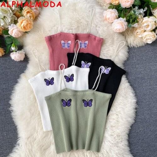ALPHALMODA Girls Sweet Embroidered Butterfly Sling Top Pearl Strap Womens Fashion Outwear Knitted Camisole Top