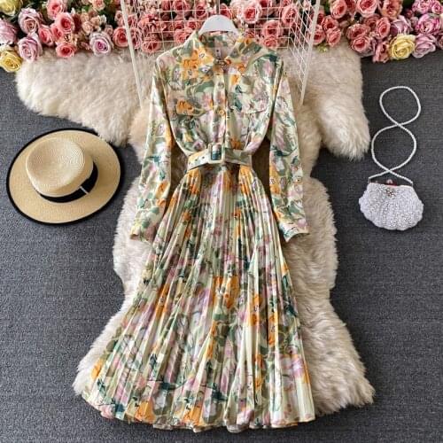 Bohemian Flower Print Elegant Shirt Dress 2021 Summer Autumn Single-Breasted Belt Female Long Sleeve Pocket Pleated Midi Dress