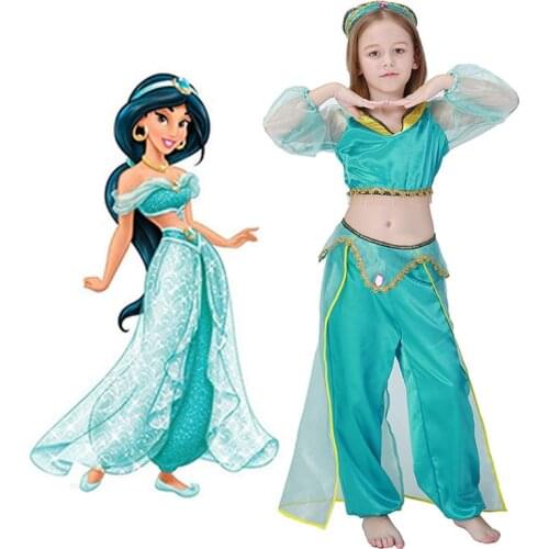 Girls Aladdins Lamp Jasmine Princess Costume Cosplay Wig For Children Halloween Party Belly Dance Dress Indian Princess Costume