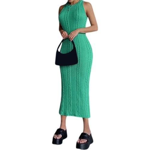 Women Beach Casual Knit Maxi Dress 2021 Fashion Sleeveless Crew Neck Solid Bodycon Dress Holiday Summer Sexy Skinny Dress