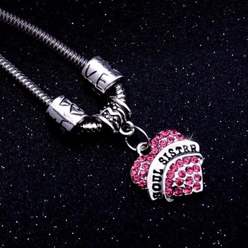 12PC/Lot Shiny Pink Crystal Rhinestone Love Heart Charms Soul Sister Bracelet Gifts For Women Family Sis Chain Bangle Jewelry