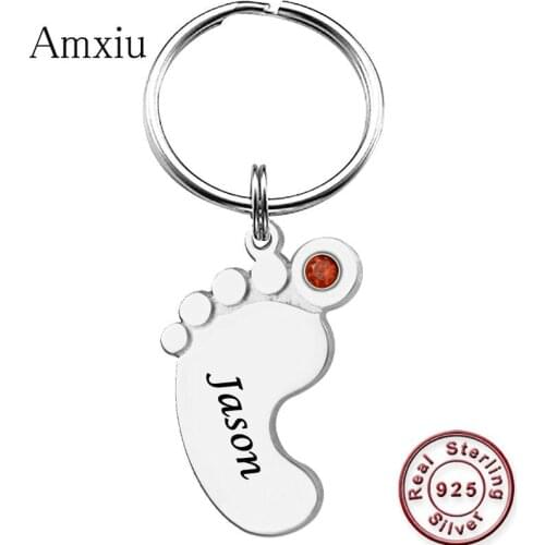 Amxiu Personalized Foot Jewelry 925 Sterling Silver Keychains Engrave Baby Name Key Chains For Mother Women Bag Keys Accessories