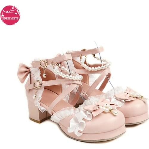 Summer Female Lolita Sandals Girls Cute Pearl Butterfly-knot Dance Bride Wedding Shoes Women White Pink Med Heels Japanese Style
