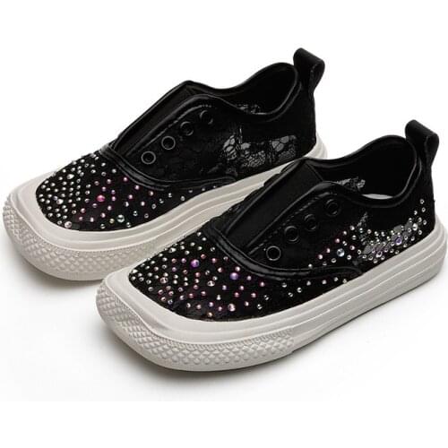 Childrens Canvas Shoes 2021 Summer New Girls Mesh Breathable Casual Shoes Kids Hollow Rhinestone Fashion Shoes Flats Spot Hot