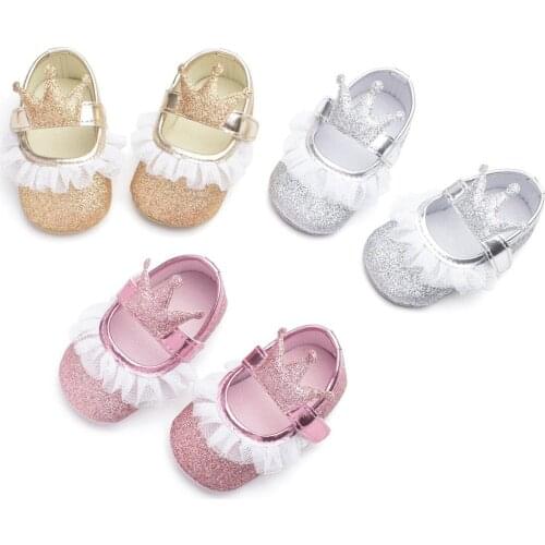 2019 Kids Shoes Lace Pu Leather Pink Gray Yellow Princess Baby Crown Shoes First Walkers Newborn Moccasins Kids Shoes For Girl