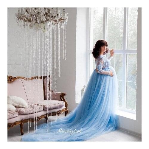 Elegant Blue Tulle Maternity Dresses With Long Train Long Sleeves Lace With Beadings Sheer Soft Tulle Pregnancy Dress
