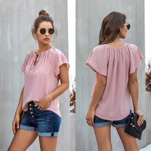 Summer Shirts Womens Blouses Casual Tie Front Tops Ruffle Sleeves Shirt Womens Clothing 2021 Pink Blouse Femme Blusas Y2K