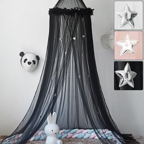 3 Solid Color Hanging Mosquito Net Play Tent Round Bed Canopy Cute Feather and Star Decor Kids Baby Bedroom Summer Mosquito Net