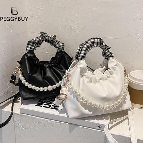 2021 Women Fashion Pleated Bags Luxurious PU Leather Messenger Bag Pearl Chain Solid Color Shoulder Crossbody Bag