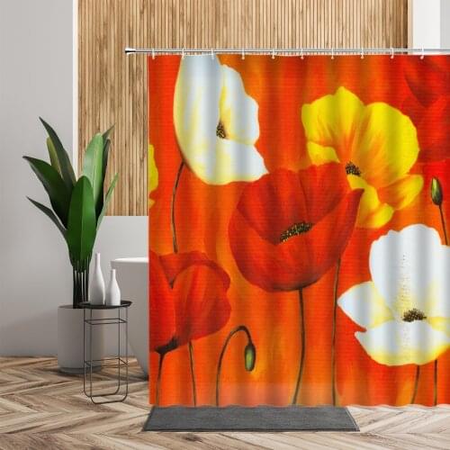 3D Red Poppy Flower Shower Curtains Oil Painting Plant Floral Fabric Printing Bathroom Waterproof Bath Curtain Screen With Hooks