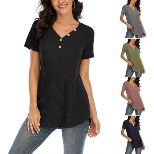 Womens Fashion Casual Waffle-Fabric V-Neck Button Short Sleeve T-Shirt Top