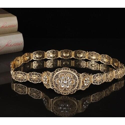 Belts for Womens Body Jewelry Noble Round Crystal Hollow Flower Metal Waist Chain for Womens Wedding Party